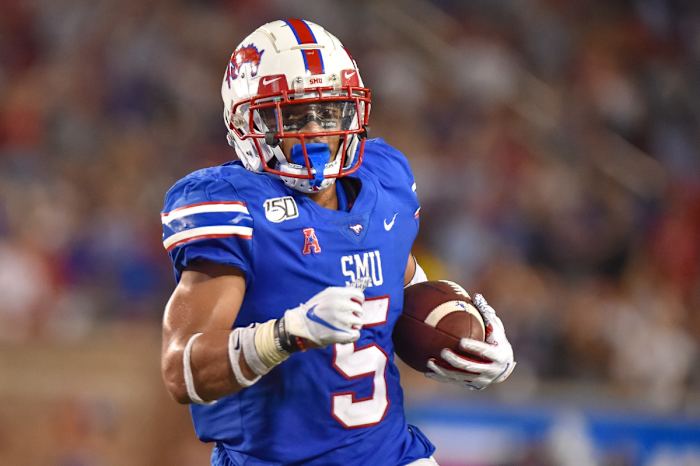 Oct 5, 2019; Dallas, TX, USA; SMU running back Xavier Jones (5) scores a touchdown and ties the game during the fourth against Tulsa at Gerald J. Ford Stadium. Mandatory Credit: Timothy Flores-USA TODAY Sports